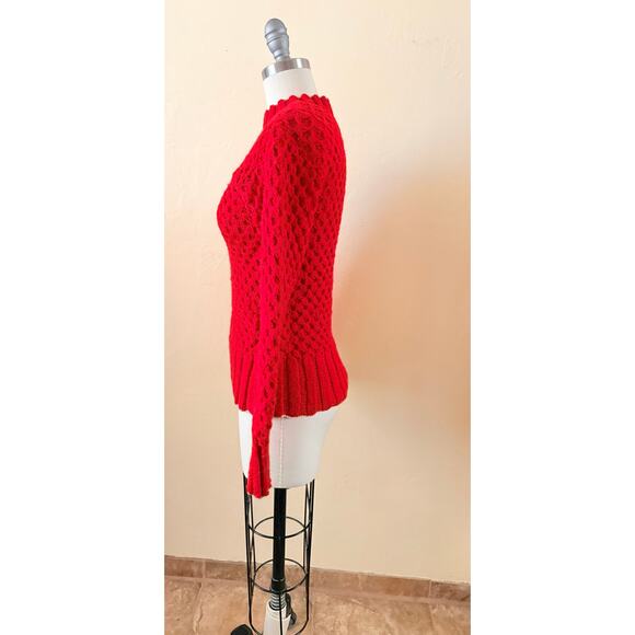 Vintage Red Waffle Knit Sweater Crochet Lace Textured Puff Sleeve Top - Picture 8 of 8